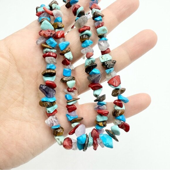 Vtg Southwestern Silver 925 Turquoise Nugget Gemstone Multi Strands Necklace - Picture 10 of 13